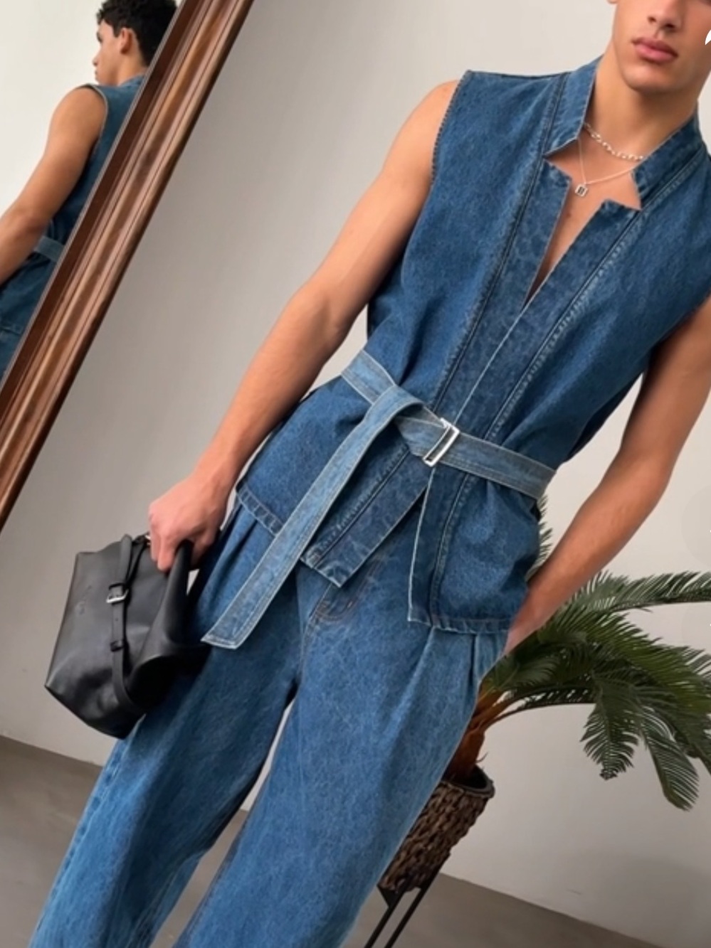 ORTTU Denim Star Neck Cardigan Small Belted Denim Vest Avant Garde